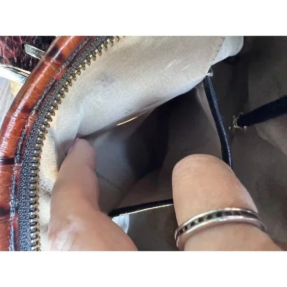 Brahmin Leather Satchel Shoulder Crossbody Bag Black Brown Croc Embossed Zip Top - Picture 9 of 9